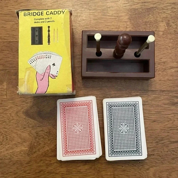 Vintage Bridge Caddy 2 Full Sets Of Cards 2 Unused Pencils Faux Wood Caddy - Picture 5 of 6